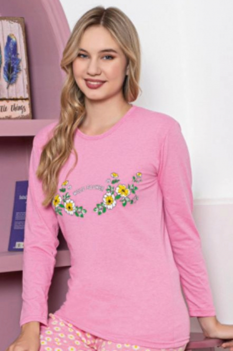 Pijama dama bumbac, maneci si pantaloni lungi, imprimeu ursuleti flori, roz, embody.ro [3]