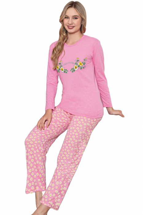 Pijama dama bumbac, maneci si pantaloni lungi, imprimeu ursuleti flori, roz, embody.ro [4]