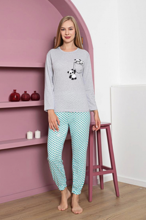 Pijama dama bumbac, maneci si pantaloni lungi, imprimeu ursuleti panda, gri, embody.ro [2]