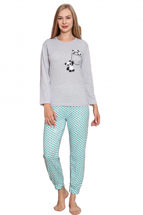 Pijama dama bumbac, maneci si pantaloni lungi, imprimeu ursuleti panda, gri, embody.ro [3]