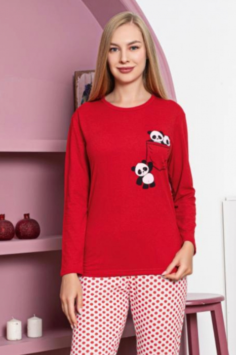 Pijama dama bumbac, maneci si pantaloni lungi, imprimeu ursuleti panda, rosu, embody.ro [3]