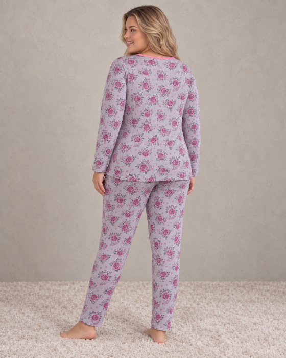 Pijama Dama Marime Mare din Bumbac, Bluza cu Maneca Lunga si Pantaloni Lungi, Gri cu Imprimeu Floral Roz [4]