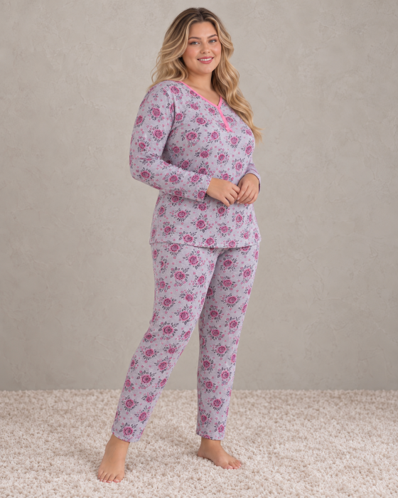 Pijama Dama Marime Mare din Bumbac, Bluza cu Maneca Lunga si Pantaloni Lungi, Gri cu Imprimeu Floral Roz [2]