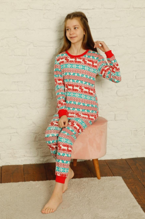 Pijama fete bumbac, motiv Craciun, confortabila rosu verde [2]