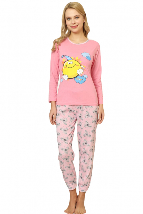 Pijama dama din bumbac, confortabila, maneci lungi, Happy roz [4]
