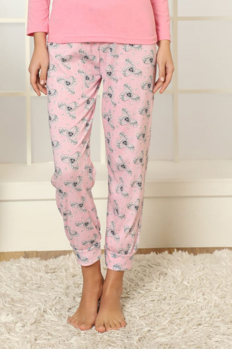 Pijama dama din bumbac, confortabila, maneci lungi, Happy roz [2]