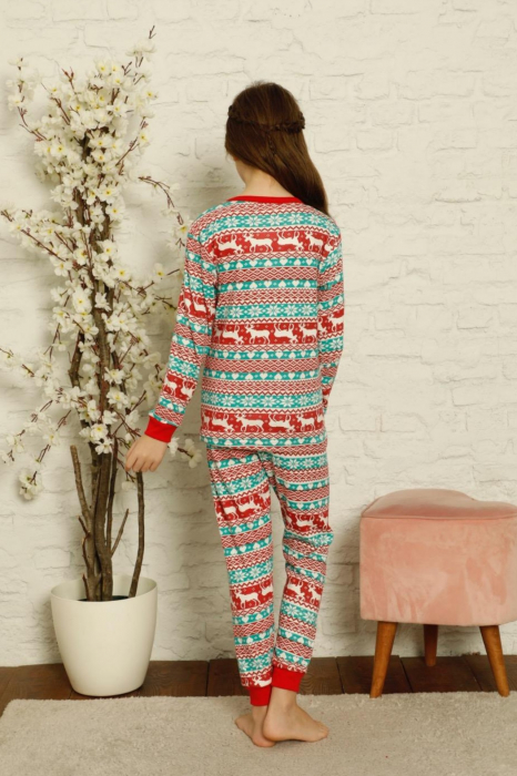 Pijama fete bumbac, motiv Craciun, confortabila rosu verde [3]