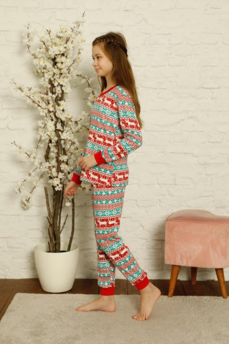 Pijama fete bumbac, motiv Craciun, confortabila rosu verde [4]