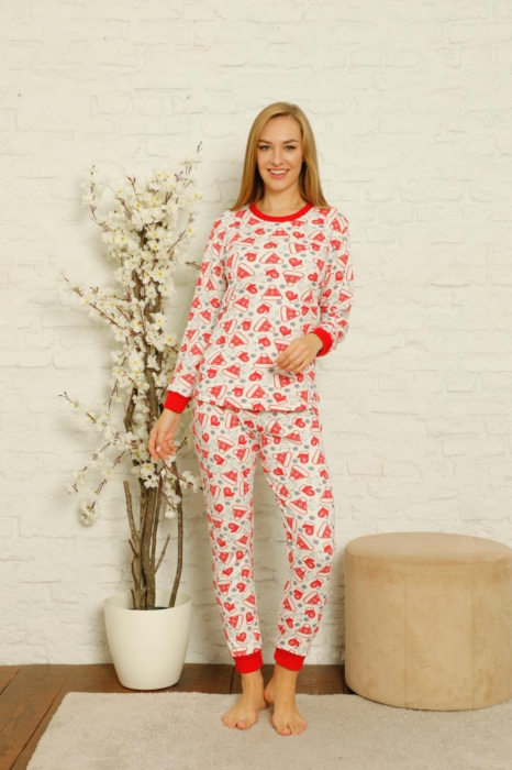 Pijama dama bumbac, motiv Craciun, confortabila rosu/alb [5]