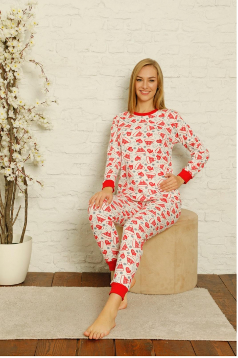 Pijama dama bumbac, motiv Craciun, confortabila rosu/alb [3]