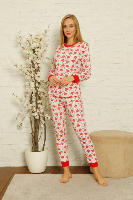 Pijama dama bumbac, motiv Craciun, confortabila rosu/alb [4]