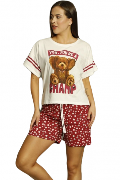 Pijama dama bumbac premium, cu maneci scurte si pantaloni scurti, Ursulet alb [4]