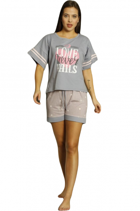 Pijama dama bumbac premium, cu maneci scurte si pantaloni scurti, Love gri [4]