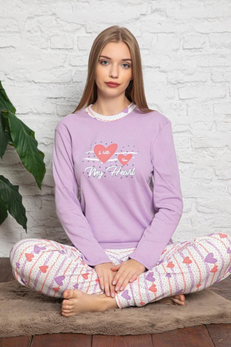 Pijama dama bumbac, confortabila, cu imprimeu My Heart, mov [2]