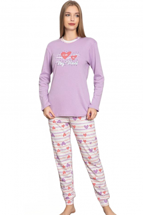Pijama dama bumbac, confortabila, cu imprimeu My Heart, mov [5]