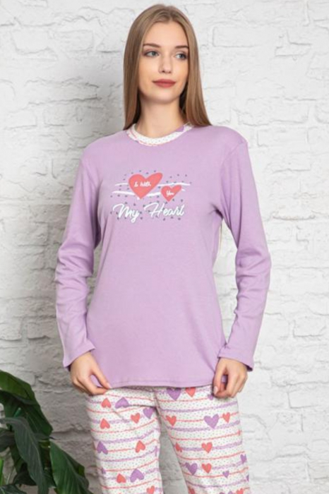 Pijama dama bumbac, confortabila, cu imprimeu My Heart, mov [3]