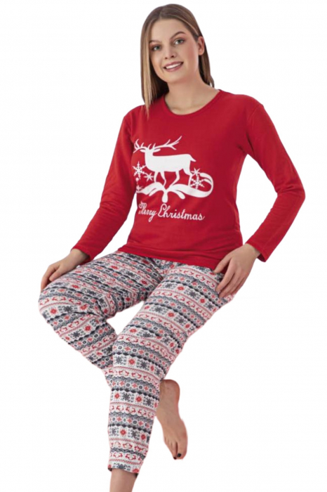 Pijama dama bumbac vatuit, confortabila, cu imprimeu Craciun Fericit, rosu [2]