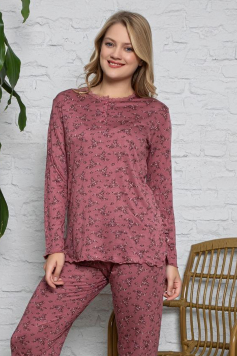 Pijama dama batal marime mare, material fin tip matase, roz inchis [3]