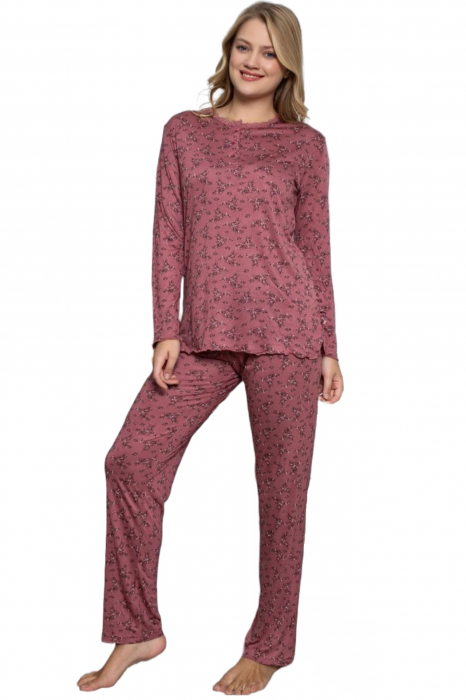 Pijama dama batal marime mare, material fin tip matase, roz inchis [5]