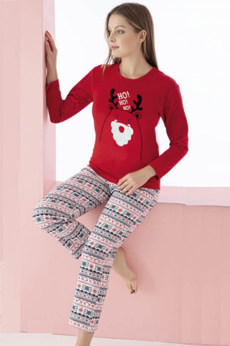 Pijama dama bumbac vatuit, confortabila, cu imprimeu Craciun Ho-Ho, rosu [2]