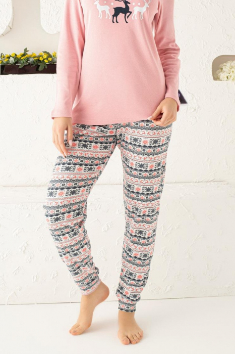 Pijama dama bumbac, confortabila, cu imprimeu Craciun Reni, corai [4]