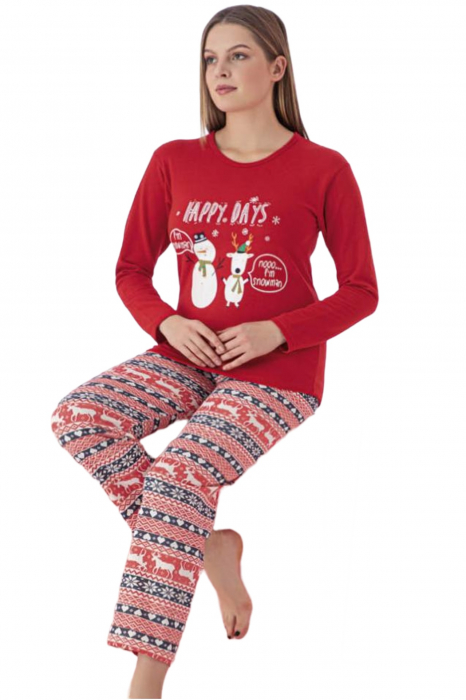 Pijama dama bumbac vatuit, confortabila, cu imprimeu Craciun Happy days, rosu [2]