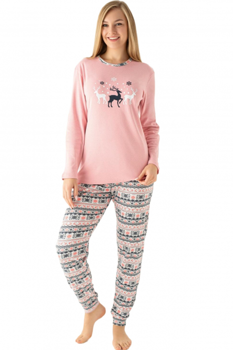 Pijama dama bumbac, confortabila, cu imprimeu Craciun Reni, corai [5]