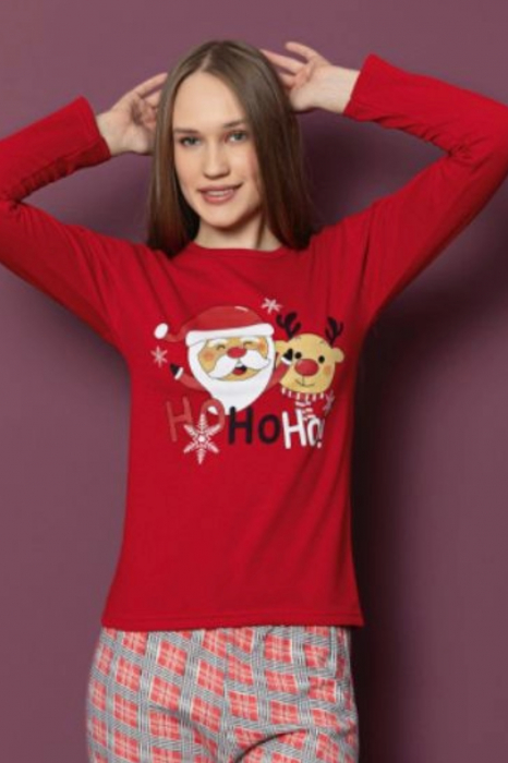 Pijama dama cu imprimeu Craciun Ho Ho Ho, bumbac vatuit, rosu, embody.ro [4]