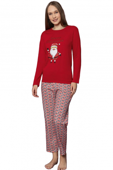 Pijama dama bumbac vatuit cu imprimeu tematica de Craciun, Merry Christmas, rosu, embody.ro [4]