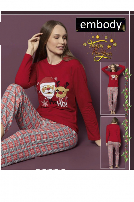 Pijama dama cu imprimeu Craciun Ho Ho Ho, bumbac vatuit, rosu, embody.ro [2]