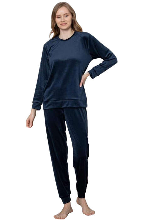 Pijama dama catifea, material moale si delicat, imprimeu uni, bleumarin, embody.ro [3]
