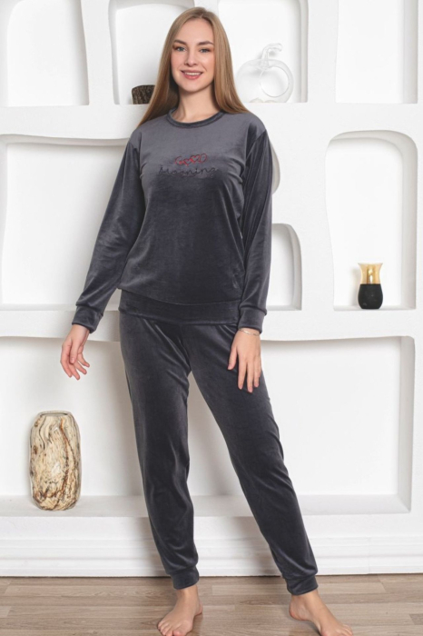 Pijama dama catifea, material moale si delicat, imprimeu uni, gri 86 [1]