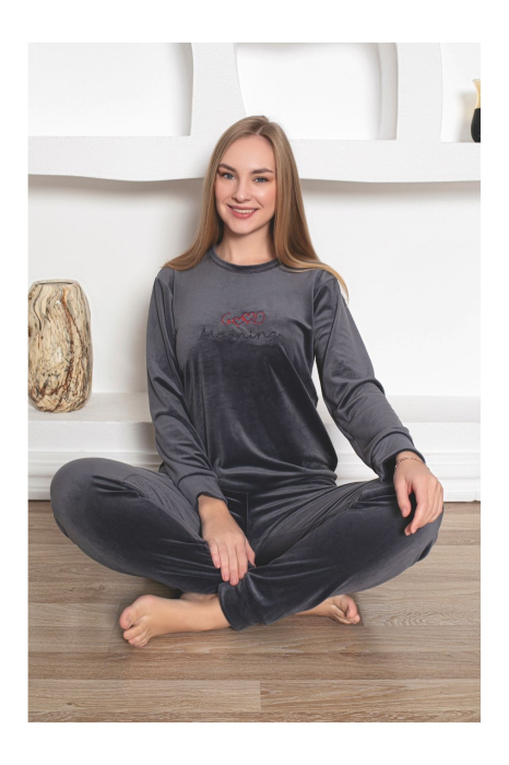 Pijama dama catifea, material moale si delicat, imprimeu uni, gri 86 [2]