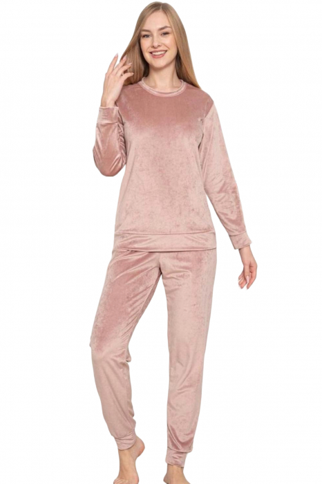Pijama dama catifea, material moale si delicat, imprimeu uni, roz pudra, embody.ro [3]