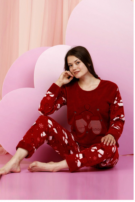 Pijama dama cocolino batal-marime mare, pufoasa si calduroasa, imprimeu Craciun, rosu [2]