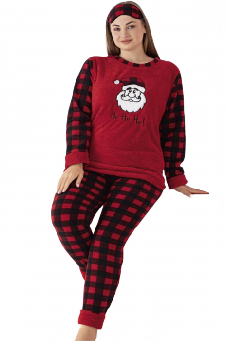 Pijama dama cocolino batal-marime mare, pufoasa si calduroasa, imprimeu Craciun ho ho ho, rosu [3]