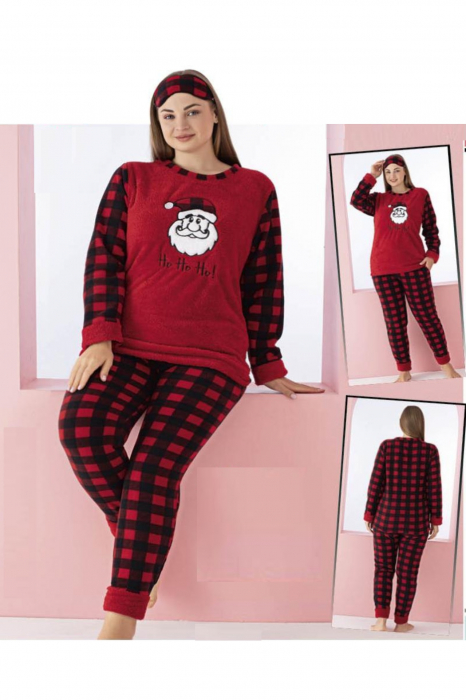 Pijama dama cocolino batal-marime mare, pufoasa si calduroasa, imprimeu Craciun ho ho ho, rosu [2]