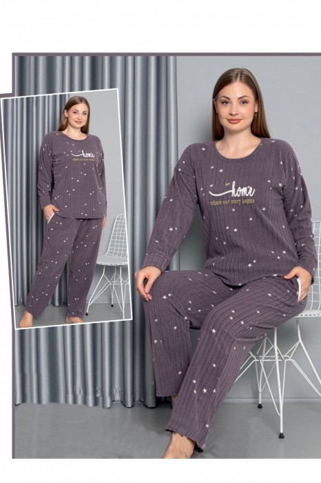 Pijama dama cocolino batal-marime mare, pufoasa si calduroasa, imprimeu home, maro, embody.ro [2]