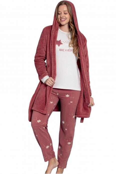 Pijama dama cocolino din 3 piese, halat, bluza pantaloni, maro [5]