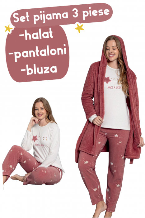 Pijama dama cocolino din 3 piese, halat, bluza pantaloni, maro [2]