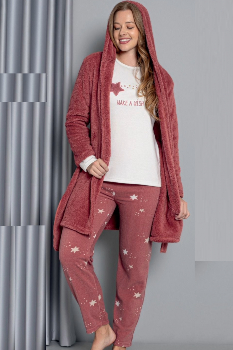 Pijama dama cocolino din 3 piese, halat, bluza pantaloni, maro [3]