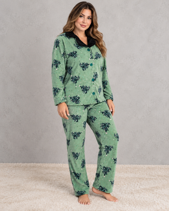 Pijama Dama Cocolino Groasa si Pufoasa, Marimi Mari, Verde, Set 2 Piese [4]