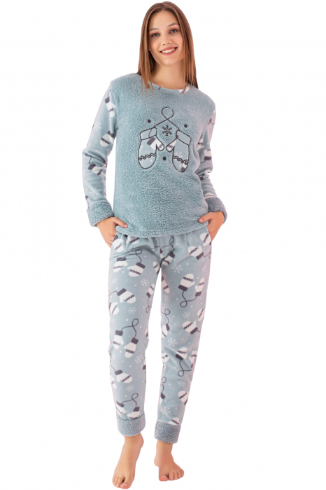 Pijama dama cocolino, material pufos, imprimeu Craciun manusi, verde, embody.ro [5]