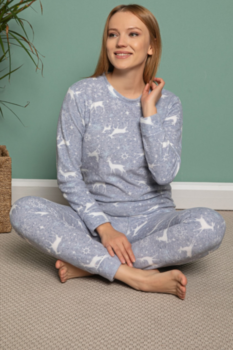 Pijama dama cocolino polar, pufoasa cu imprimeu Reni Craciun [3]