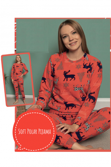 Pijama dama cocolino polar, pufoasa cu imprimeu Reni Craciun rosu-cadou craciun [1]