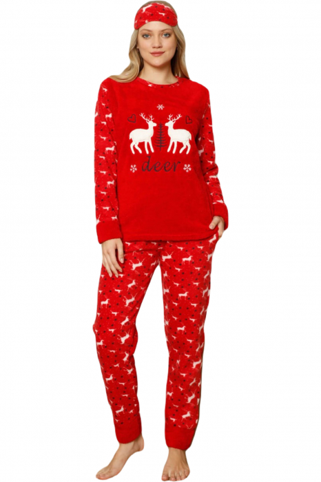 Pijama dama cocolino, pufoasa cu imprimeu tematica Craciun-Reni rosu [6]