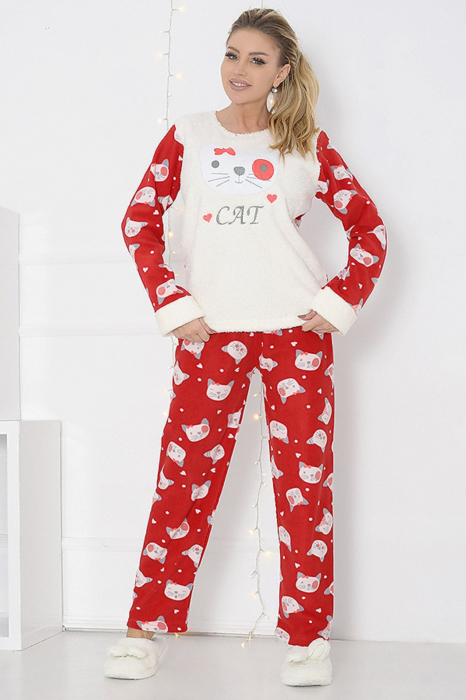 Pijama dama, cocolino pufoasa cu imprimeu Cat, Rosu Alb [1]