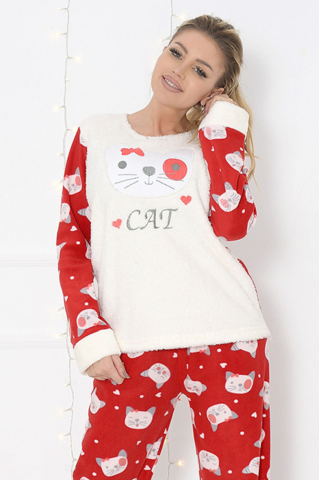 Pijama dama, cocolino pufoasa cu imprimeu Cat, Rosu Alb [3]