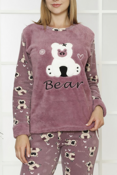 Pijama dama cocolino, pufoasa cu imprimeu Happy Bear mov [2]