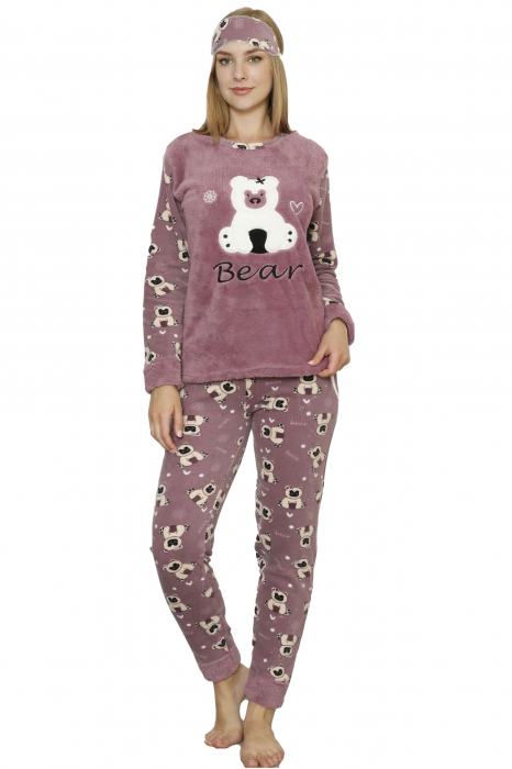 Pijama dama cocolino, pufoasa cu imprimeu Happy Bear mov [4]